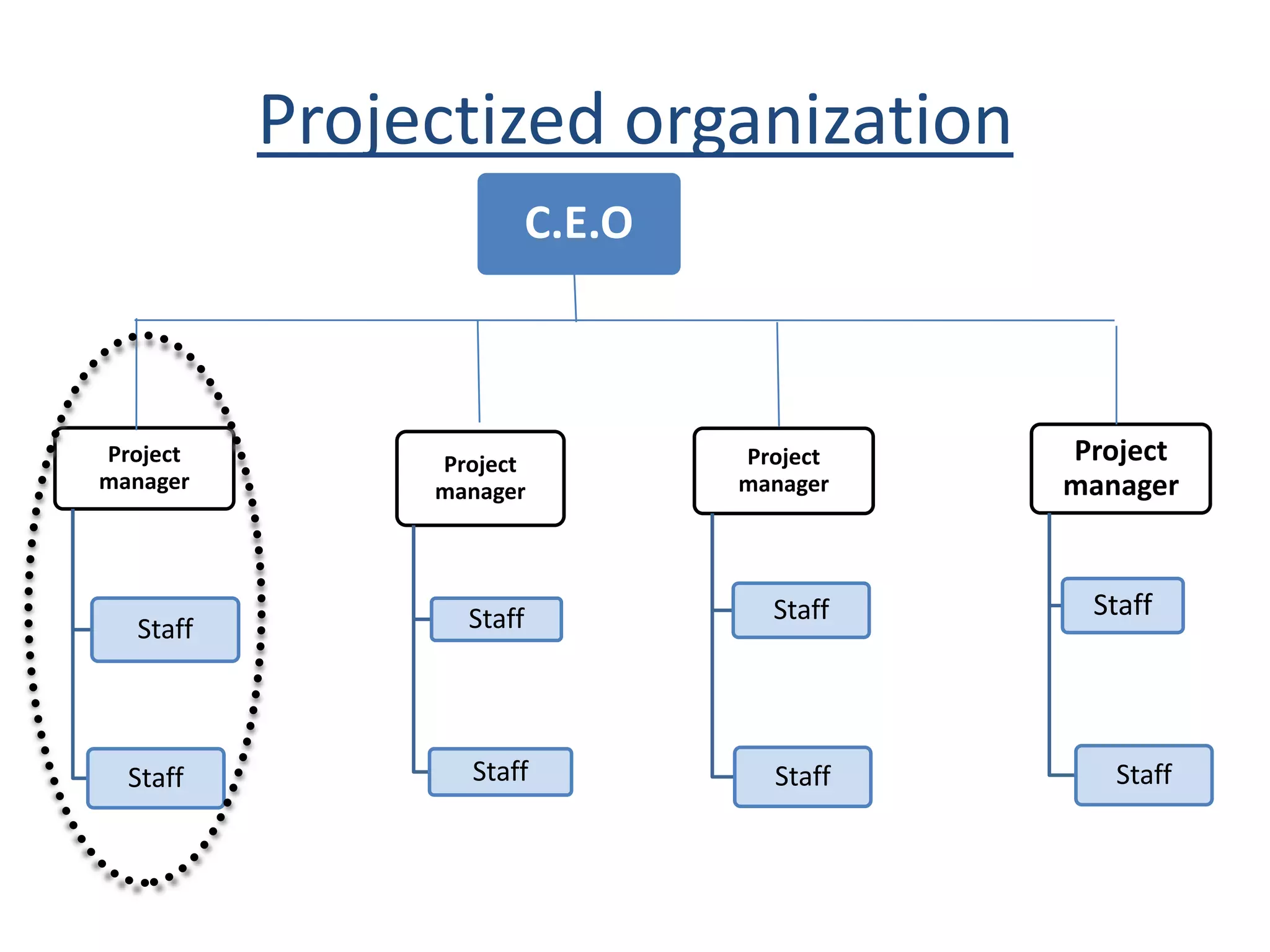 organizationProjectized
Project
manager
Staff
Staff
Project
manager
Staff
Staff
Project
manager
Staff
Staff
Project
manager
Staff
Staff
C.E.O
 