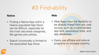 Digital Literacy Series
#3 Find-ability
• Finding a Native App within a
heavily populated App Store
can be difﬁcult, espec...
