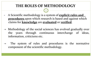 THE ROLES OF METHODOLOGY
22
- A Scientific methodology is a system of explicit rules and
procedures upon which research is based and against which
claims for knowledge are evaluated or verified.
→ Methodology of the social sciences has evolved gradually over
the years through continuous interchange of ideas,
information, criticisms etc.
→ The system of rules and procedures is the normative
component of the scientific methodology.
 