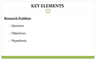 KEY ELEMENTS
30
Research Problem
- Question
- Objectives
- Hypothesis
 
