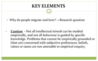 KEY ELEMENTS
33
- Why do people migrate and how? → Research question
- Caution - Not all intellectual stimuli can be studied
empirically, and not all behaviour is guided by specific
knowledge. Problems that cannot be empirically grounded or
(that are) concerned with subjective preferences, beliefs,
values or tastes are not amenable to empirical enquiry.
 