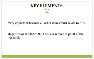 KEY ELEMENTS
36
- Very important because all other issues must relate to this.
- Regarded as the HANDLE Focus or reference point of the
research.
 