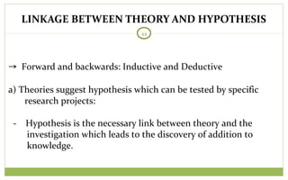 LINKAGE BETWEEN THEORY AND HYPOTHESIS
44
→ Forward and backwards: Inductive and Deductive
a) Theories suggest hypothesis which can be tested by specific
research projects:
- Hypothesis is the necessary link between theory and the
investigation which leads to the discovery of addition to
knowledge.
 