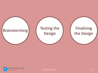 Interaction Designers 24
Brainstorming
Testing the
Design
Finalizing
the Design
 