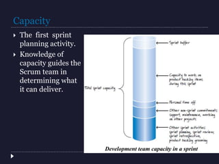 Capacity
 The first sprint
planning activity.
 Knowledge of
capacity guides the
Scrum team in
determining what
it can deliver.
 