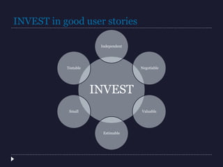 INVEST in good user stories
INVEST
Independent
Negotiable
Valuable
Estimable
Small
Testable
 