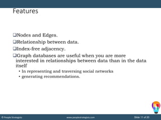 Slide 11 of 20© People Strategists www.peoplestrategists.com
Features
Nodes and Edges.
Relationship between data.
Index-free adjacency.
Graph databases are useful when you are more
interested in relationships between data than in the data
itself
• In representing and traversing social networks
• generating recommendations.
 