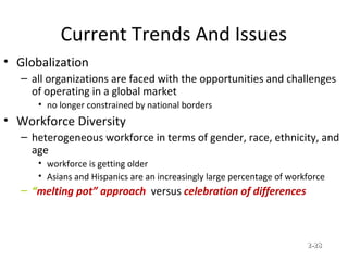 Current Trends And Issues
• Globalization
– all organizations are faced with the opportunities and challenges
of operating in a global market
• no longer constrained by national borders
• Workforce Diversity
– heterogeneous workforce in terms of gender, race, ethnicity, and
age
• workforce is getting older
• Asians and Hispanics are an increasingly large percentage of workforce
– “melting pot” approach versus celebration of differences
© Prentice Hall, 2002 2-2-2828
 