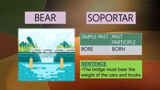 BEAR
SIMPLE PAST PAST
PARTICIPLE
BORE BORN
SENTENCE
•The bridge must bear the
weight of the cars and trucks
SOPORTAR
 