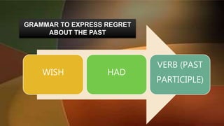 WISH HAD
VERB (PAST
PARTICIPLE)
GRAMMAR TO EXPRESS REGRET
ABOUT THE PAST
 