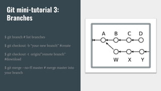 Git mini-tutorial 3:
Branches
$ git branch # list branches
$ git checkout -b “your new branch” #create
$ git checkout -t origin/”remote branch”
#download
$ git merge --no-ff master # merge master into
your branch
 
