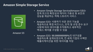© 2020, Amazon Web Services, Inc. or its Affiliates.
Amazon Simple Storage Service
Amazon S3
• Amazon Simple Storage Service(Amazon S3)는
업계 최고의 확장성과 데이터 가용성 및 보안과
성능을 제공하는 객체 스토리지 서비스
• Amazon S3는 사용하기 쉬운 관리 기능을
제공하므로 특정 비즈니스, 조직 및 규정 준수 요구
사항에 따라 데이터를 조직화하고 세부적인
액세스 제어를 구성할 수 있음
• Amazon S3는 99.999999999%의 내구성을
제공하도록 설계되었으며, 전 세계 기업의 수백만
애플리케이션을 위한 데이터를 저장
 