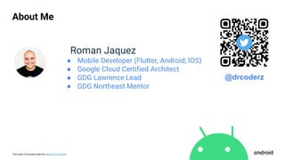 This work is licensed under the Apache 2.0 License
About Me
Roman Jaquez
● Mobile Developer (Flutter, Android, IOS)
● Google Cloud Certified Architect
● GDG Lawrence Lead
● GDG Northeast Mentor
@drcoderz
 