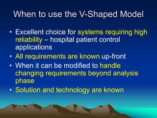 When to use the V-Shaped Model
• Excellent choice for systems requiring high
reliability – hospital patient control
applications
• All requirements are known up-front
• When it can be modified to handle
changing requirements beyond analysis
phase
• Solution and technology are known
 