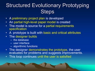 Structured Evolutionary Prototyping
Steps
• A preliminary project plan is developed
• An partial high-level paper model is created
• The model is source for a partial requirements
specification
• A prototype is built with basic and critical attributes
• The designer builds
– the database
– user interface
– algorithmic functions
• The designer demonstrates the prototype, the user
evaluates for problems and suggests improvements.
• This loop continues until the user is satisfied
 