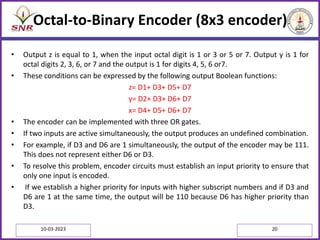 Octal-to-Binary Encoder (8x3 encoder)
• Output z is equal to 1, when the input octal digit is 1 or 3 or 5 or 7. Output y is 1 for
octal digits 2, 3, 6, or 7 and the output is 1 for digits 4, 5, 6 or7.
• These conditions can be expressed by the following output Boolean functions:
z= D1+ D3+ D5+ D7
y= D2+ D3+ D6+ D7
x= D4+ D5+ D6+ D7
• The encoder can be implemented with three OR gates.
• If two inputs are active simultaneously, the output produces an undefined combination.
• For example, if D3 and D6 are 1 simultaneously, the output of the encoder may be 111.
This does not represent either D6 or D3.
• To resolve this problem, encoder circuits must establish an input priority to ensure that
only one input is encoded.
• If we establish a higher priority for inputs with higher subscript numbers and if D3 and
D6 are 1 at the same time, the output will be 110 because D6 has higher priority than
D3.
10-03-2023 20
 