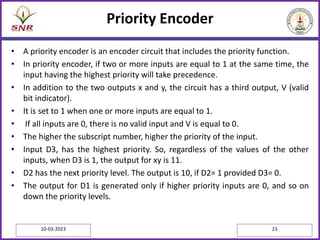 Priority Encoder
• A priority encoder is an encoder circuit that includes the priority function.
• In priority encoder, if two or more inputs are equal to 1 at the same time, the
input having the highest priority will take precedence.
• In addition to the two outputs x and y, the circuit has a third output, V (valid
bit indicator).
• It is set to 1 when one or more inputs are equal to 1.
• If all inputs are 0, there is no valid input and V is equal to 0.
• The higher the subscript number, higher the priority of the input.
• Input D3, has the highest priority. So, regardless of the values of the other
inputs, when D3 is 1, the output for xy is 11.
• D2 has the next priority level. The output is 10, if D2= 1 provided D3= 0.
• The output for D1 is generated only if higher priority inputs are 0, and so on
down the priority levels.
10-03-2023 23
 