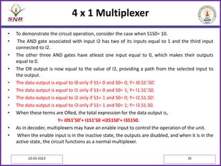 4 x 1 Multiplexer
• To demonstrate the circuit operation, consider the case when S1S0= 10.
• The AND gate associated with input I2 has two of its inputs equal to 1 and the third input
connected to I2.
• The other three AND gates have atleast one input equal to 0, which makes their outputs
equal to 0.
• The OR output is now equal to the value of I2, providing a path from the selected input to
the output.
• The data output is equal to I0 only if S1= 0 and S0= 0; Y= I0.S1‘.S0‘.
• The data output is equal to I1 only if S1= 0 and S0= 1; Y= I1.S1‘.S0.
• The data output is equal to I2 only if S1= 1 and S0= 0; Y= I2.S1.S0‘.
• The data output is equal to I3 only if S1= 1 and S0= 1; Y= I3.S1.S0.
• When these terms are ORed, the total expression for the data output is,
Y= I0S1’S0’+ I1S1’S0 +I2S1S0’+ I3S1S0.
• As in decoder, multiplexers may have an enable input to control the operation of the unit.
• When the enable input is in the inactive state, the outputs are disabled, and when it is in the
active state, the circuit functions as a normal multiplexer.
10-03-2023 35
 