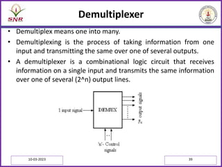 Demultiplexer
• Demultiplex means one into many.
• Demultiplexing is the process of taking information from one
input and transmitting the same over one of several outputs.
• A demultiplexer is a combinational logic circuit that receives
information on a single input and transmits the same information
over one of several (2^n) output lines.
10-03-2023 39
 