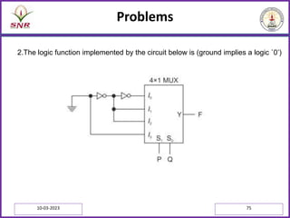 Problems
10-03-2023 75
2.The logic function implemented by the circuit below is (ground implies a logic `0’)
 