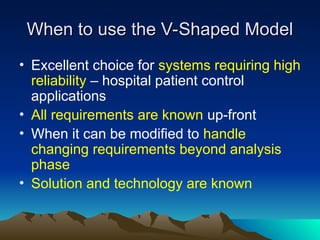 When to use the V-Shaped Model
When to use the V-Shaped Model
• Excellent choice for systems requiring high
reliability – hospital patient control
applications
• All requirements are known up-front
• When it can be modified to handle
changing requirements beyond analysis
phase
• Solution and technology are known
 