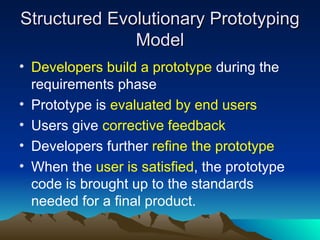 Structured Evolutionary Prototyping
Structured Evolutionary Prototyping
Model
Model
• Developers build a prototype during the
requirements phase
• Prototype is evaluated by end users
• Users give corrective feedback
• Developers further refine the prototype
• When the user is satisfied, the prototype
code is brought up to the standards
needed for a final product.
 