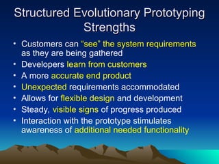 Structured Evolutionary Prototyping
Structured Evolutionary Prototyping
Strengths
Strengths
• Customers can “see” the system requirements
as they are being gathered
• Developers learn from customers
• A more accurate end product
• Unexpected requirements accommodated
• Allows for flexible design and development
• Steady, visible signs of progress produced
• Interaction with the prototype stimulates
awareness of additional needed functionality
 