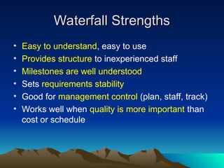Waterfall Strengths
Waterfall Strengths
• Easy to understand, easy to use
• Provides structure to inexperienced staff
• Milestones are well understood
• Sets requirements stability
• Good for management control (plan, staff, track)
• Works well when quality is more important than
cost or schedule
 