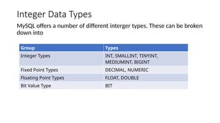 Integer Data Types
MySQL offers a number of different interger types. These can be broken
down into
Group Types
Integer Types INT, SMALLINT, TINYINT,
MEDIUMINT, BIGINT
Fixed Point Types DECIMAL, NUMERIC
Floating Point Types FLOAT, DOUBLE
Bit Value Type BIT
 