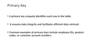 Primary Key
• A primary key uniquely identifies each row in the table.
• It ensures data integrity and facilitates efficient data retrieval.
• Common examples of primary keys include employee IDs, product
codes, or customer account numbers.
 