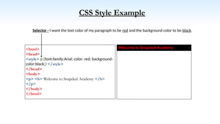 CSS Style Example
<html>
<head>
<style> p {font-family:Arial; color: red; background-
color:black;} </style>
</head>
<body>
<p> <b> Welcome to Snapdeal Academy </b>
</p>
</body>
</html>
Welcome to Snapdeal Academy
Selector - I want the text color of my paragraph to be red and the background color to be black.
 