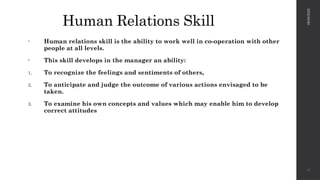 Human Relations Skill
• Human relations skill is the ability to work well in co-operation with other
people at all levels.
• This skill develops in the manager an ability:
1. To recognize the feelings and sentiments of others,
2. To anticipate and judge the outcome of various actions envisaged to be
taken.
3. To examine his own concepts and values which may enable him to develop
correct attitudes
08/04/2025
20
 