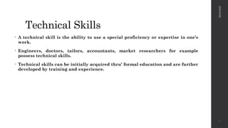 Technical Skills
• A technical skill is the ability to use a special proficiency or expertise in one’s
work.
• Engineers, doctors, tailors, accountants, market researchers for example
possess technical skills.
• Technical skills can be initially acquired thru’ formal education and are further
developed by training and experience.
08/04/2025
21
 
