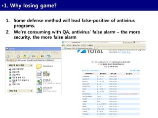 25
•1. Why losing game?
1. Some defense method will lead false-positive of antivirus
programs.
2. We’re consuming with QA, antivirus’ false alarm – the more
security, the more false alarm
 