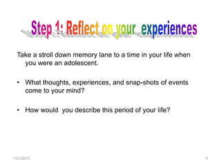 1/31/2015 4
Take a stroll down memory lane to a time in your life when
you were an adolescent.
• What thoughts, experiences, and snap-shots of events
come to your mind?
• How would you describe this period of your life?
 