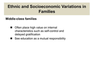 Ethnic and Socioeconomic Variations in
Families
Middle-class families
 Often place high value on internal
characteristics such as self-control and
delayed gratification
 See education as a mutual responsibility
 