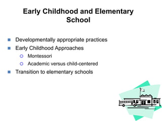 Early Childhood and Elementary
School
 Developmentally appropriate practices
 Early Childhood Approaches
 Montessori
 Academic versus child-centered
 Transition to elementary schools
 