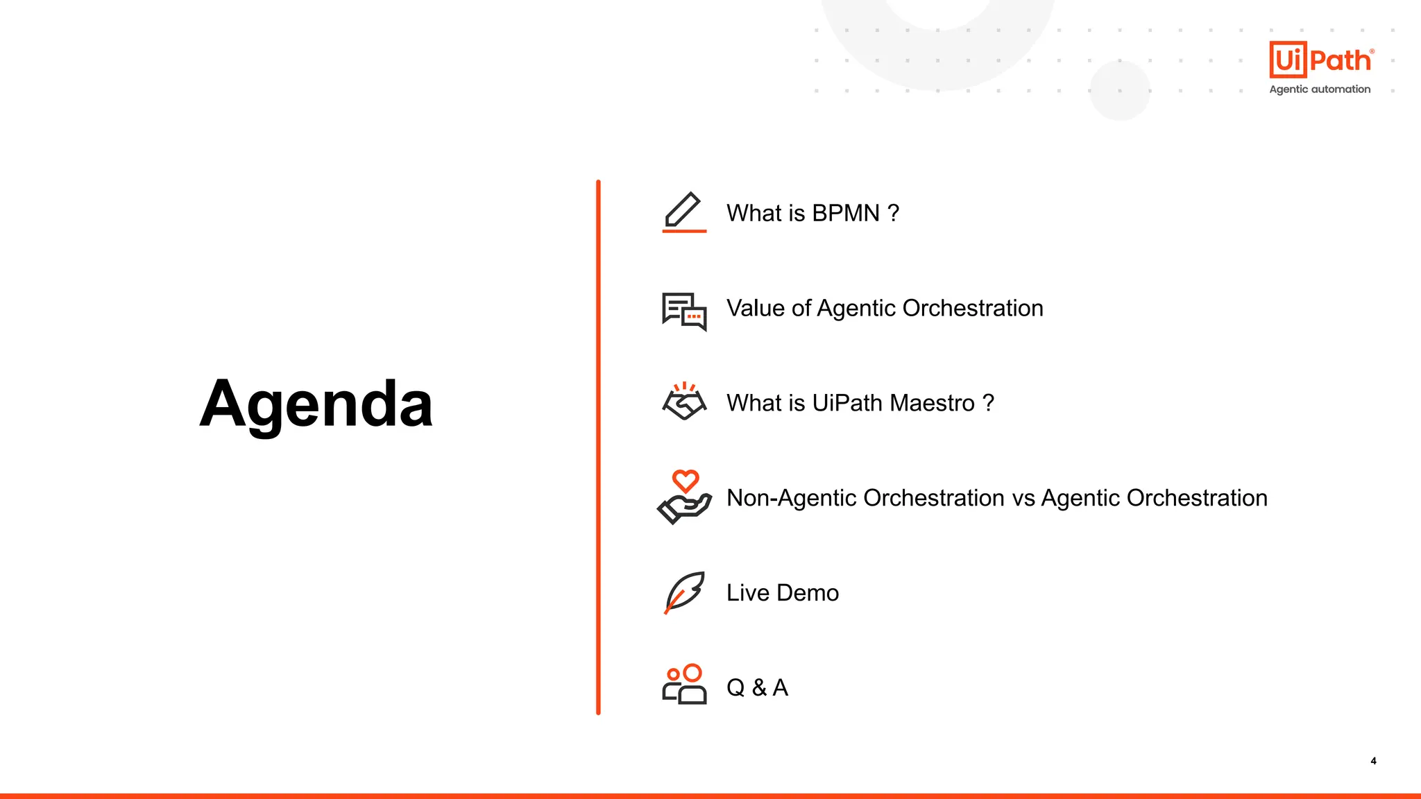 4
Agenda
What is BPMN ?
Value of Agentic Orchestration
What is UiPath Maestro ?
Non-Agentic Orchestration vs Agentic Orchestration
Live Demo
Q & A
 