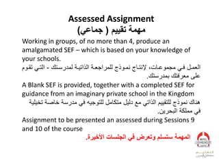 Assessed Assignment
‫تقييم‬ ‫مهمة‬(‫جماعي‬)
Working in groups, of no more than 4, produce an
amalgamated SEF – which is based on your knowledge of
your schools.
،‫يات‬‫ي‬‫مجموع‬ ‫يي‬‫ي‬‫ف‬ ‫يل‬‫ي‬‫العم‬‫يت‬‫ي‬‫لمدرس‬ ‫ية‬‫ي‬‫الذاتي‬ ‫ية‬‫ي‬‫للمراجع‬ ‫يوذج‬‫ي‬‫نم‬ ‫ياج‬‫ي‬‫إلنت‬-‫ت‬ ‫يي‬‫ي‬‫الت‬‫يوم‬‫ي‬‫ق‬
‫عل‬‫بمدرست‬ ‫معرفت‬.
A Blank SEF is provided, together with a completed SEF for
guidance from an imaginary private school in the Kingdom
‫خاص‬ ‫مدرسة‬ ‫في‬ ‫للتوجيه‬ ‫متكامل‬ ‫دليل‬ ‫مع‬ ‫الذاتي‬ ‫للتقييم‬ ‫نموذج‬ ‫هنا‬‫تخيلية‬ ‫ة‬
‫البحرين‬ ‫مملكة‬ ‫في‬.
Assignment to be presented an assessed during Sessions 9
and 10 of the course
‫األخيرة‬ ‫الجلسات‬ ‫في‬ ‫وتعرض‬ ‫ستسلم‬ ‫المهمة‬.
11
 