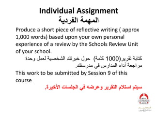 Individual Assignment
‫الفردية‬ ‫المهمة‬
Produce a short piece of reflective writing ( approx
1,000 words) based upon your own personal
experience of a review by the Schools Review Unit
of your school.
‫تقرير‬ ‫كتابة‬(1000‫كلمة‬)‫وحدة‬ ‫لعمل‬ ‫الشخصية‬ ‫خبرت‬ ‫حول‬
‫مدرست‬ ‫في‬ ‫المدارس‬ ‫أداء‬ ‫مراجعة‬.
This work to be submitted by Session 9 of this
course
‫األخيرة‬ ‫الجلسات‬ ‫في‬ ‫وعرضه‬ ‫التقرير‬ ‫استالم‬ ‫سيتم‬.
12
 