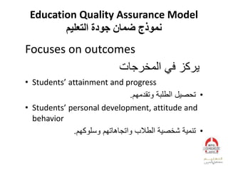 Education Quality Assurance Model
‫التعليم‬ ‫جودة‬ ‫ضمان‬ ‫نموذج‬
Focuses on outcomes
‫المخرجات‬ ‫في‬ ‫يركز‬
• Students’ attainment and progress
•‫وتقدمهم‬ ‫الطلبة‬ ‫تحصيل‬.
• Students’ personal development, attitude and
behavior
•‫وسلوكهم‬ ‫واتجاهاتهم‬ ‫الطالب‬ ‫شخصية‬ ‫تنمية‬.
6
 