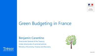 Green Budgeting in France
October 2020
Benjamin Carantino
Directorate General of the Treasury
Under-directorate of sectorial policies
Ministry of Economy, Finance and Recovery
 