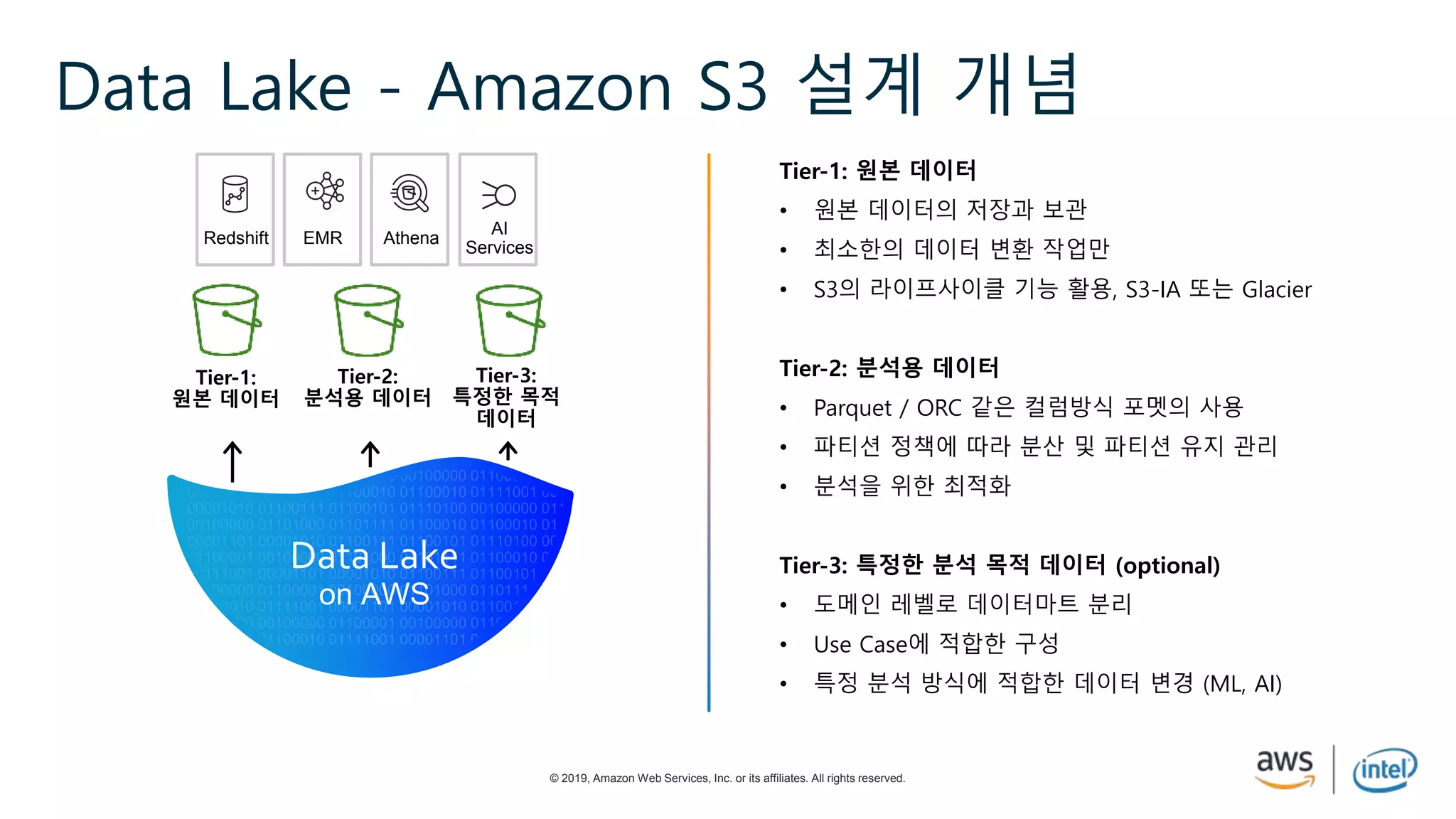 © 2019, Amazon Web Services, Inc. or its affiliates. All rights reserved.
Data Lake - Amazon S3 설계 개념
Tier-1: 원본 데이터
• 원본 데이터의 저장과 보관
• 최소한의 데이터 변환 작업만
• S3의 라이프사이클 기능 활용, S3-IA 또는 Glacier
Tier-2: 분석용 데이터
• Parquet / ORC 같은 컬럼방식 포멧의 사용
• 파티션 정책에 따라 분산 및 파티션 유지 관리
• 분석을 위한 최적화
Tier-3: 특정한 분석 목적 데이터 (optional)
• 도메인 레벨로 데이터마트 분리
• Use Case에 적합한 구성
• 특정 분석 방식에 적합한 데이터 변경 (ML, AI)
Data Lake
on AWS
Redshift EMR Athena
AI
Services
 