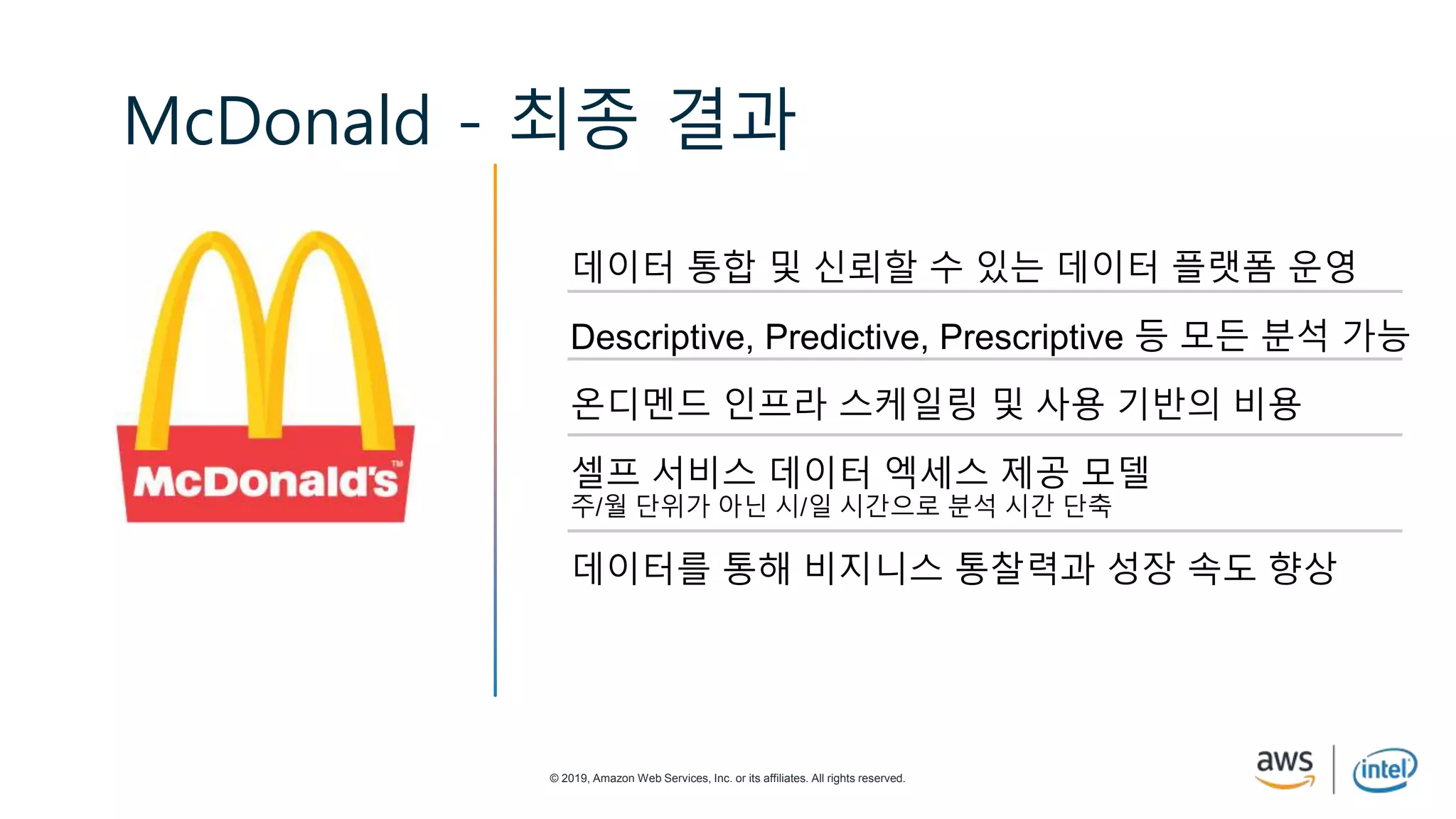© 2019, Amazon Web Services, Inc. or its affiliates. All rights reserved.
McDonald - 최종 결과
데이터 통합 및 신뢰할 수 있는 데이터 플랫폼 운영
Descriptive, Predictive, Prescriptive 등 모든 분석 가능
온디멘드 인프라 스케일링 및 사용 기반의 비용
셀프 서비스 데이터 엑세스 제공 모델
주/월 단위가 아닌 시/일 시간으로 분석 시간 단축
데이터를 통해 비지니스 통찰력과 성장 속도 향상
 