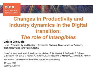 Changes in Productivity and
Industry dynamics in the Digital
transition:
The role of Intangibles
Chiara Criscuolo
Head, Productivity and Business Dynamics Division, Directorate for Science,
Technology and Innovation, OECD
based on joint work with D. Andrews, M. Bajgar, G. Berlingieri, S. Calligaris, F. Calvino,
C. Corrado, P.N. Gal, J.E. Haskel, A. Himbert, C. Josa Lasinio, L. Marcolin, J. Timmis, R. Verlhac
4th Annual Conference of the Global Forum on Productivity
20 June 2019
Sydney, Australia
 
