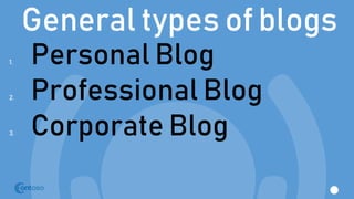 General types of blogs
1. Personal Blog
2. Professional Blog
3. Corporate Blog
 