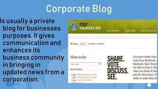 Corporate Blog
Is usually a private
blog for businesses
purposes. It gives
communication and
enhances its
business community
in bringing in
updated news from a
corporation.
 