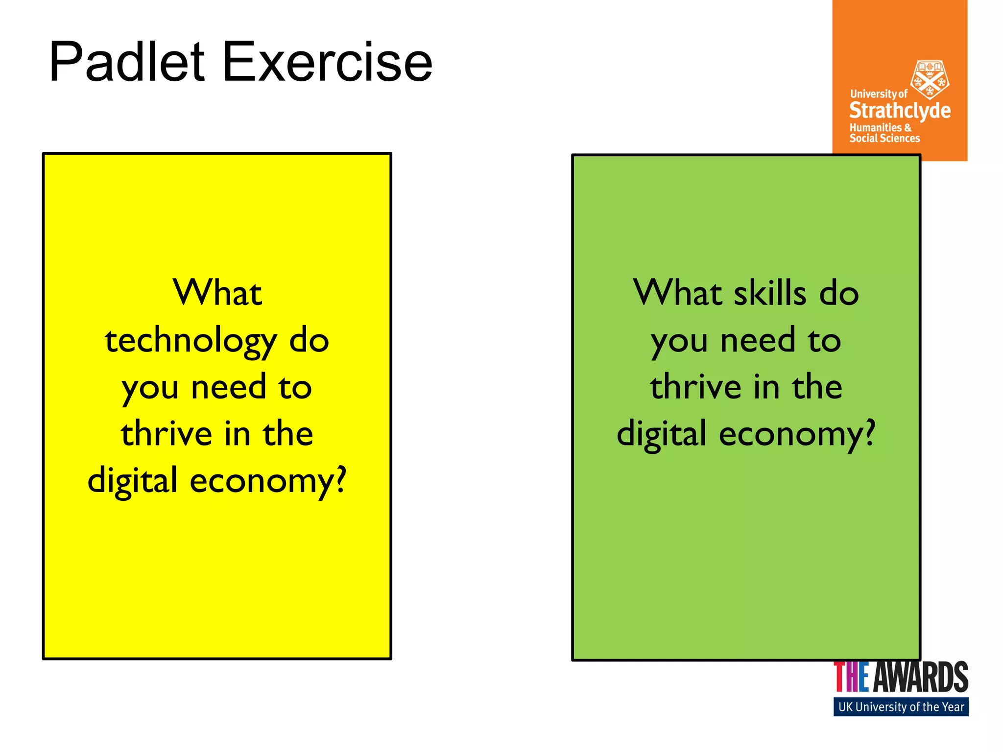 Padlet Exercise 
What 
technology do 
you need to 
thrive in the 
digital economy? 
What skills do 
you need to 
thrive in the 
digital economy? 
 