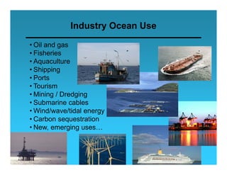 Industry Ocean Use

• Oil and gas
• Fisheries
• Aquaculture
• Shipping
•P t
  Ports
• Tourism
• Mining / Dredging
• Submarine cables
• Wind/wave/tidal energy
• Carbon sequestration
• New, emerging uses…
 