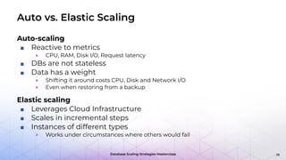 Database Scaling Strategies Masterclass
Auto vs. Elastic Scaling
Auto-scaling
■ Reactive to metrics
● CPU, RAM, Disk I/O, Request latency
■ DBs are not stateless
■ Data has a weight
● Shifting it around costs CPU, Disk and Network I/O
● Even when restoring from a backup
Elastic scaling
■ Leverages Cloud Infrastructure
■ Scales in incremental steps
■ Instances of different types
● Works under circumstances where others would fail
18
 